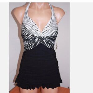 NWT Profile Swimsuit one pc attached Dress Halter  BLK WH